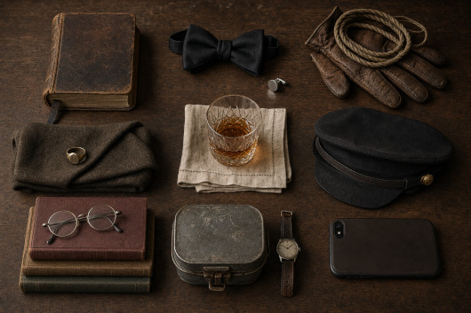 Nine objects laid out on a dark wooden table, one for each kind of gentleman